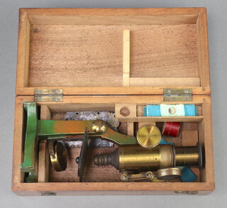 An unmarked student's 19th Century single pillar field microscope 17cm boxed  