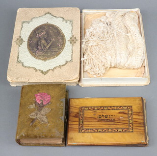 A 19th/20th Century olive wood book contained pressed flowers from the Holy Land Jerusalem, an album of black and white portrait photographs contained in a plush album, a silk scarf in an Art Nouveau cardboard box, 2 editions of The Daily Mail Saturday January 23rd 1915 and Monday February 15th 1915 