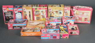 Sindy by Pedigree, a large collection of Sindy play sets from the 1970's and 1980's to include - luxury bath 44539, fridge 44487, dining table and chairs 44532, dining dresser 44533, luxury settee 44234, wardrobe 44211, magic cooker, beauty salon 44216, fireplace 44442, hairdryer 444524, washing machine unit 444486, bed 44210, luxury armchair 44233, shower 44545 and an empty furnishing pack box 44438 