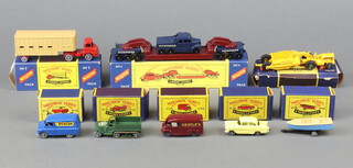 Matchbox, a collection of 8 die cast vehicles all in Type B boxes to include - 25a Bedford CWT van, 45a Vauxhall Victor in yellow, 48a Meteor sports boat and trailer, 49a M3 personnel carrier (with grey plastic rollers)  and 69a Commer Nestle van in maroon, Major no.1 Caterpillar earth mover, Major no.7 Thames Trader cattle truck  