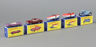 Matchbox, a collection of 5 die cast and plastic vehicles, all contained in Type D boxes to include 4C Triumph T110 motorcycle in metallic blue, 39b Pontiac Bonneville convertible (purple body, silver wheels), 48b sports boat and trailer (x2) and 53b Mercedes Benz 220SE in maroon 