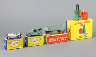 A Dinky Toys 401 Coventry Climax forklift truck together with a Dinky Toys 428 trailer (grey body, red hubs),  2 Models of Yesteryear - Y10 1908 Grand Prix Mercedes and Y15 Rolls Royce Silver Ghost end of line, all boxed