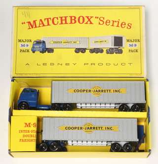 Matchbox Toys, a Major M9 Pack Henrickson tractor unit (yellow decal, silver trailer, black plastic wheels), boxed with original inserts 