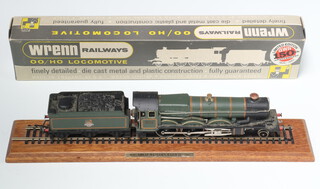 Wren Railways, a die cast and plastic 00/H0 gauge steam locomotive W2400 Castle  "Great Western" B.R. loco and tender in green livery 7007,  limited edition no. 88 of 250  with track on mounted wooden plinth, boxed