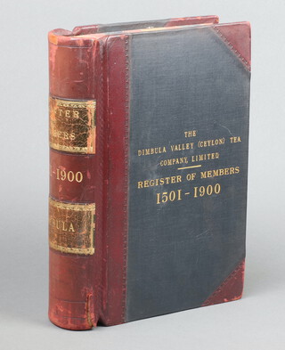 A 20th century Register of Members Shares Ledger for the Dimbula Valley Ceylon Tea Company for members 1500-1900, half bound in burgundy calf with gilt to spine and front board. The ledger is empty 