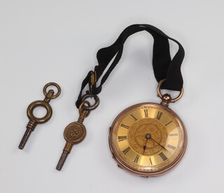 An Edwardian Continental yellow metal 9k fob watch with champagne dial, key wind, contained in a 35mm case 