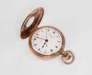 A gentleman's gold plated mechanical half hunter pocket watch, the dial inscribed Thomas Russell and Son Liverpool, contained in a 50mm case 