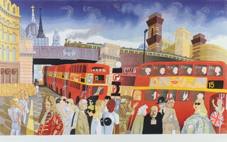 Peter Forster dated '88, limited edition print no.14 of 40, London street view with figures, signed, 40cm x 64cm 