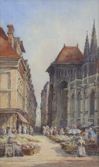 Samual Prout (1783-1852), watercolour, continental street scene with figures 64cm x 22cm 