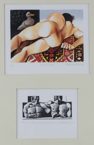 Peter Forster '89, limited edition print "Duck and Buttock" 1X/X 15cm by 18.5cm and " Honi soit qui mal y pense" AP V111/X11 10.5cm by 14cm 2 framed as 1