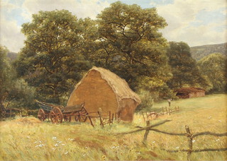 Frank Walton (1840-1928) signed, oil on canvas on board, country scene with haystack, cart, figure and distant hills 24cm x 34cm 