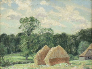 David Birch, oil on board signed, study of haystacks and farm buildings with distant wood, letter and label on verso 23cm x 32cm 