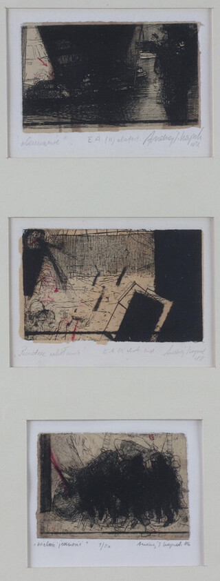 20th Century etchings, abstract views, signed and inscribed in pencil 9cm x 12cm, 3 framed as 1 
