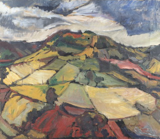 Paul Watson '67, oil on canvas, "Trow Hill, Devon", unframed (holed) 64cm x 73cm 