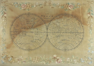 19th Century silk work embroidery "The World" with all the modern discoveries, with a floral scrolling border in an eglomise mount 44cm x 61cm 