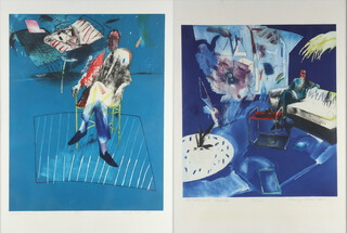 20th Century coloured prints, seated men in interior scenes, signed in pencil 63cm x 50cm 