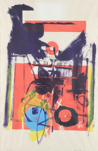 John Hacker '64, coloured print "Gad fly" abstract study of a plane, signed and inscribed 68cm x 45cm  