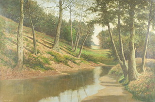 David Mead (1906-1966) oil on canvas, woodland stream scene, unframed 60cm x 90cm 