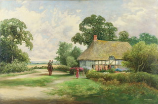 David Mead (1906-1966) oil on canvas, figures before a thatched cottage, signed, unframed 61cm x 91cm 