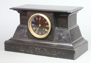 Hersant 1873 Paris, a French 8 day striking mantel clock with Roman numerals, contained in a marble Egyptian style shaped case 21cm x 36cm x 17cm, complete with pendulum (no key) 