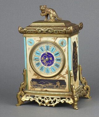 A 19th Century French mantel timepiece with 8cm dial, Roman numerals, contained in a gilt metal and porcelain chinoiserie style case surmounted by a seated figure 12cm x 15cm x 13cm (together with a repair bill, dated 27th June 1969 for nine pounds, 10 shillings) 