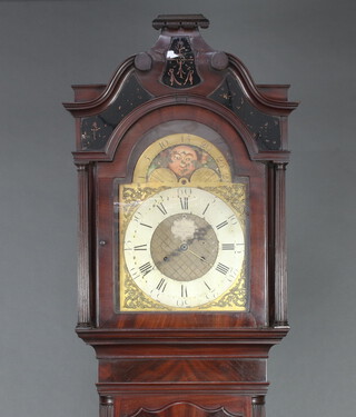 Thomas Jonson of Liverpool, an 18th Century 8 day striking longcase clock the 33cm arched gilt dial with phases of the moon, gilt spandrels, silvered chapter ring, Roman numerals and calendar dial, contained in a mahogany case with reeded columns to the side, complete with pendulum and weights 240cm h x  