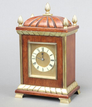 A striking carriage timepiece with 6cm rectangular gilt dial, enamelled chapel ring, Roman numerals, contained in a mahogany and gilt metal case 17cm x 12cm x 8cm 