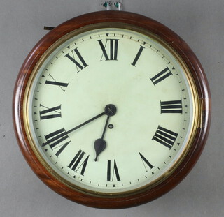 A 19th Century fusee wall clock with 31cm painted dial, Roman numerals  with 11.5cm back plate, complete with pendulum, contained in a mahogany case  (no key)