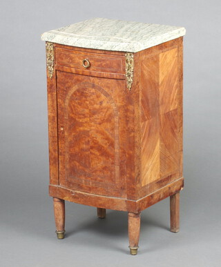 A 19th Century inlaid Kingwood bow front bedside cabinet with green veined marble top fitted a drawer above cupboard enclosed by a panelled door, raised on turned supports 83cm h x 43cm w x 38cm d 