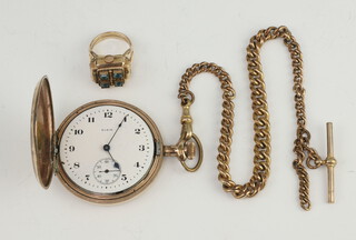 An Edwardian gold plated Elgin mechanical pocket watch on a ditto Albert together with a lady's Art Deco gilt novelty watch ring the dial inscribed Falca 