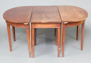 A Georgian D end dining table, with drop flap gateleg to the centre, 71cm h x 127cm w x 110cm l, the drop flap table on it's own 53cm, 271cm when fully extended 