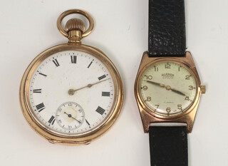 A gold plated mechanical pocket watch with seconds at 6 o'clock  50mm (working), together with a gilt cased Roma wristwatch (working) 