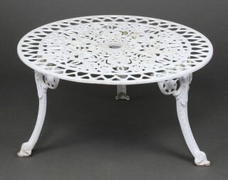 A white painted pierced aluminium garden occasional table on cabriole supports 39cm h x 76cm diam. 