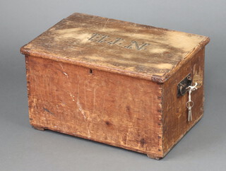 A 19th Century rectangular pine trunk/tuck box, the lid with stud work initials H J N, fitted interior and iron drop handles to the sides 31cm h x 55cm w x 36cm d  