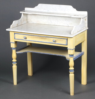 A Victorian yellow and blue painted wash stand with white veined marble 3/4 gallery fitted a shelf and 1 drawer, raised on turned supports 100cm h x 89cm w x 46cm d 