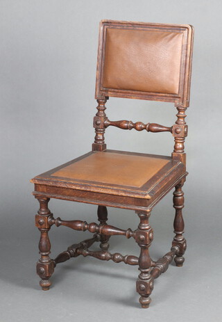 A 17th Century style oak dining chair, the seat and back upholstered in brown material raised on turned supports with H framed stretcher 95cm h x 48cm x 45cm 