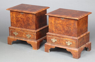 A pair of Queen Anne style figured walnut mule chests fitted a drawer, on bracket feet 54cm h x 50cm w x 38cm d (contact marks in places) 