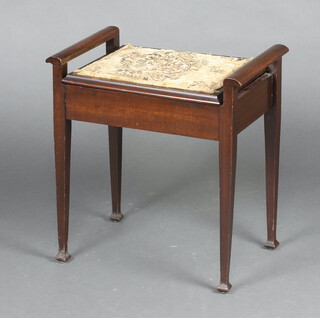 A mahogany box seat piano stool with hinged lid, on square tapered supports 56cm h x 53cm w x 34cm d 