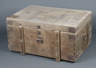 A large 19th Century  pine and zinc lined trunk with hinged lid and iron drop handles 50cm h x 97cm w x 67cm d (hinges a/f)