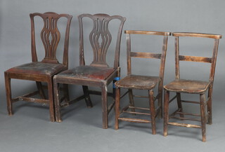 A pair of beech chapel chairs with solid seats on turned supports 81cm h  (1 with old repair to back leg) together with a pair of 19th Century Chippendale style mahogany dining chairs on square supports 92cm h (1 has damage to seat) and a bedroom chair