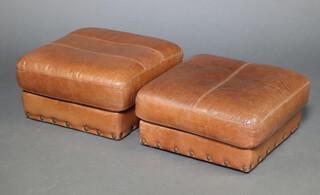 Two square foot stools upholstered in brown leather 31cm h x 60cm w x 60cm d 