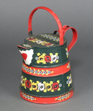 A green and red floral pattern barge ware tapered watering can 30cm h 