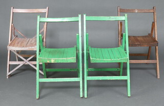 A pair of green painted wooden slatted folding chairs and 2 others (4) 