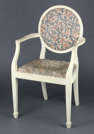 A French style open arm carver chair, seat and back upholstered in floral material 94cm h x 55cm w x 45cm d 