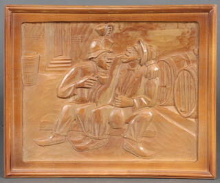 A rectangular carved hardwood panel depicting 2 gentleman in a wine cellar 36cm x 46cm 