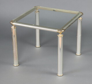 A gilt and silver tubular metal lamp table with plate glass top 51cm h x 59cm x 59cm 