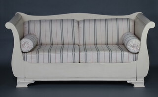 A French style sofa/sleigh bed 89cm h x 19cm wide x 91cm d (some light staining to upholstery and mattress) 