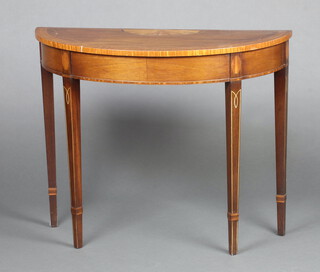 A reproduction Georgian demi-lune crossbanded side table raised on square tapered supports 74cm h x 91cm w x 37cm d 