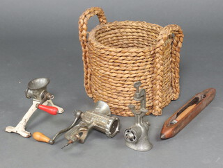 A wooden spinning shuttle 47cm, 3 mincers and a twin handled basket 30cm x 32cm 