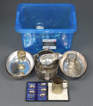 Two oval silver plated entree dishes and covers, a large silver plated sauce boat and a collection of plated flatware and other minor plated items (contained in a blue plastic box)  